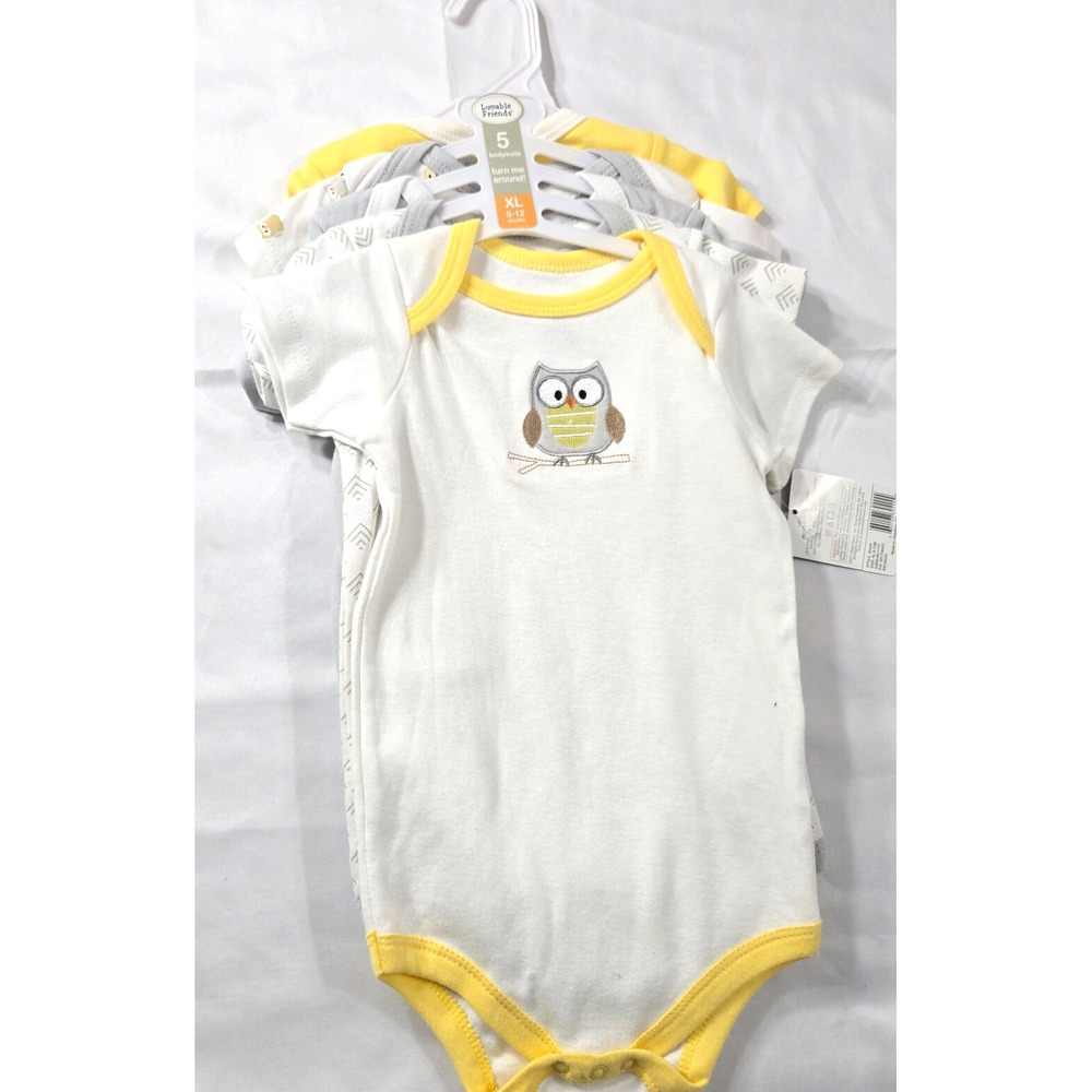 LOVABLE FRIENDS Set of 5  Bodysuits Size 9-12  Months Yellow, Gray, White NWT